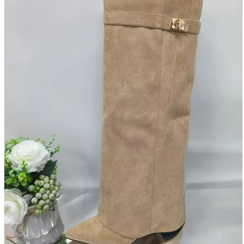 Ladies' Autumn and Winter New Pointed Knee High Women's Boots, Thick High-heeled Long Pants Boots, Fashionable Mid Rise Boots