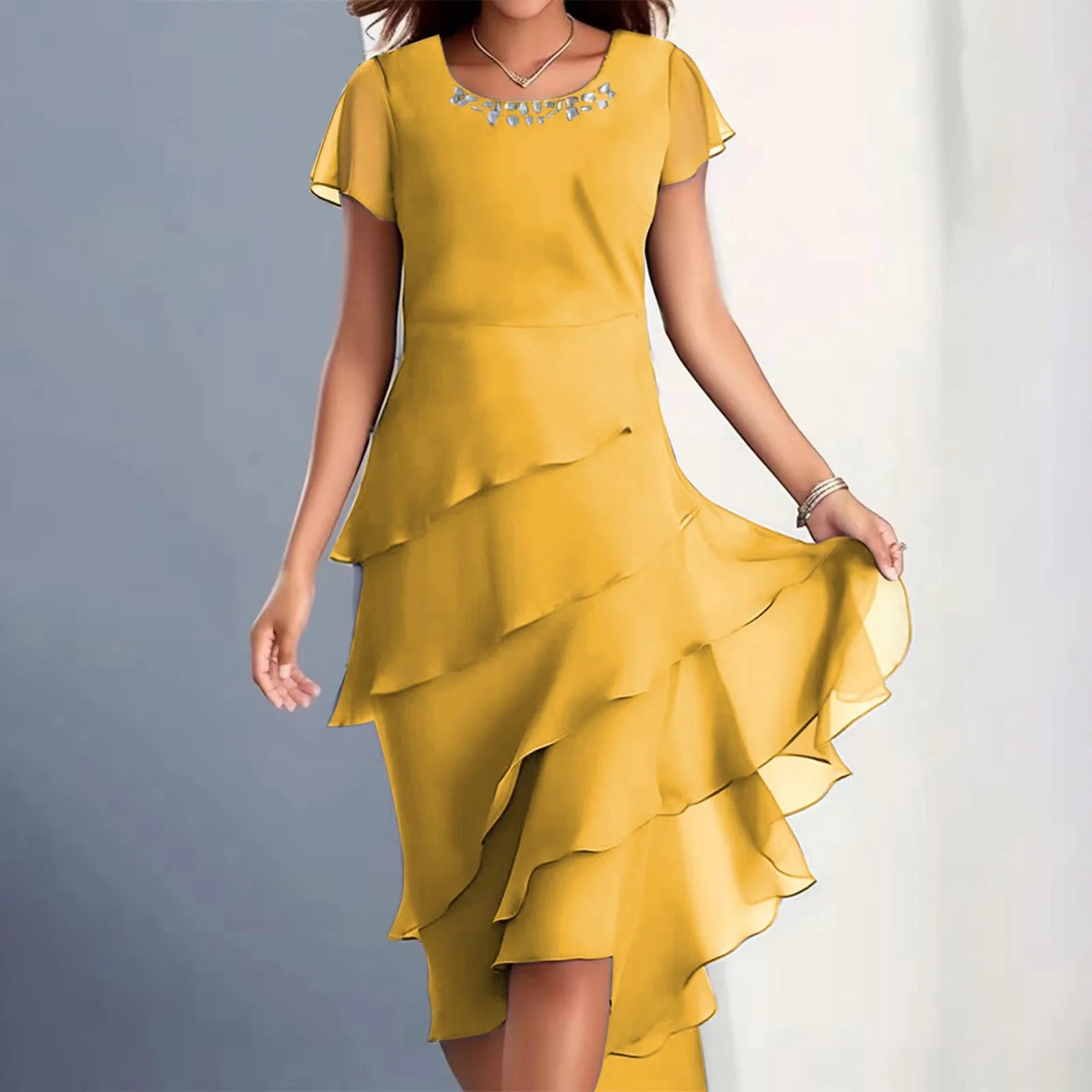 sexy chiffon puff short sleeve u neck midi dress elegant tierred layered slim fit summer dress stylish cocktail party dress