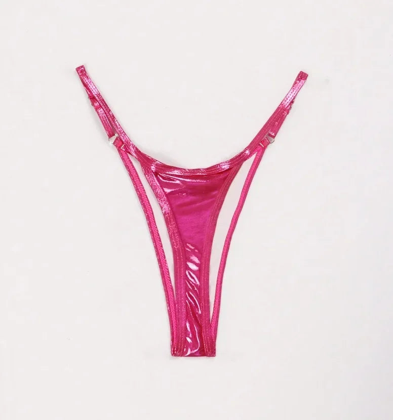 Women Adjustable Strap Thong Lady Briefs Panties G-string Glossy Triangle Shape Solid Color Elastic Mid Waist Ladies Underpants