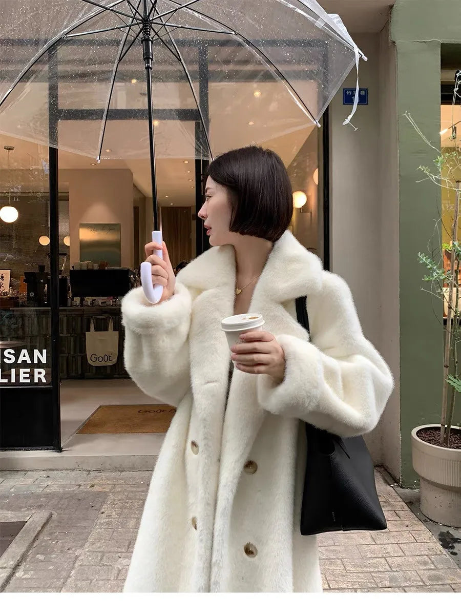 Women Winter Warm Thicken Long Fur Coat 2025 New Women Imitation Rabbit Fur Temperament Fur Coat Double-Breasted Fur Jacket