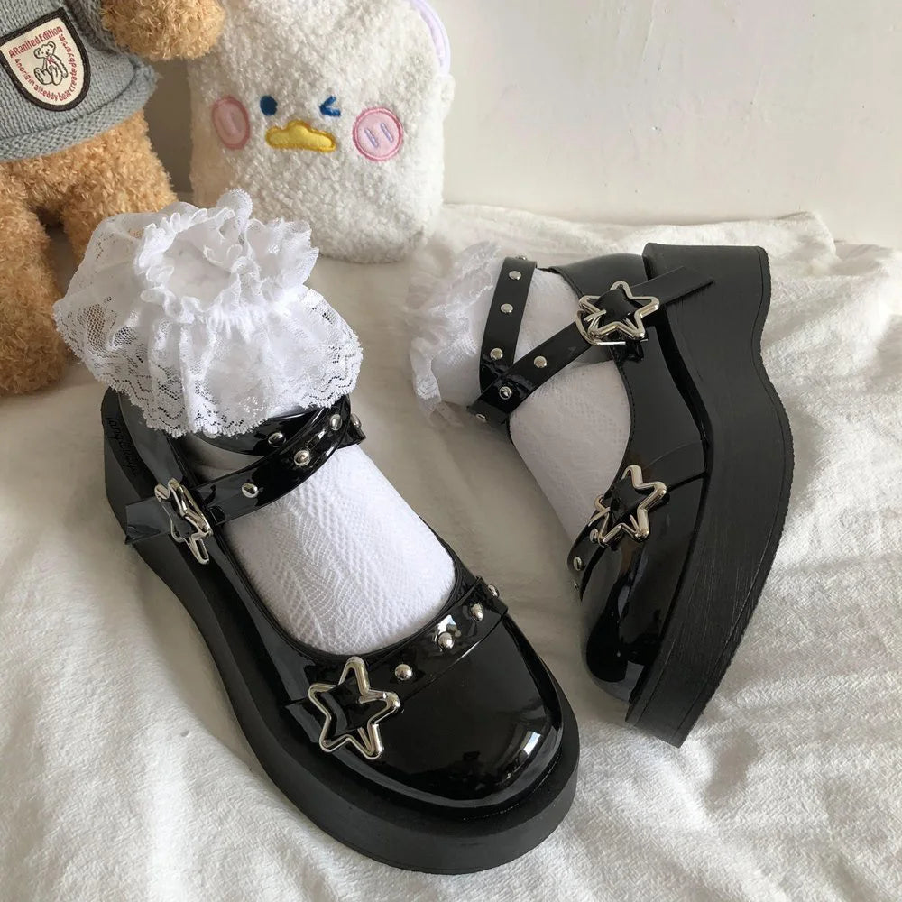 Women heels Lolita shoes platform mary jane Shoes Star Buckle Strap Mary Janes Women Cross-tied Girls Rivet Casual Shoes kawaii