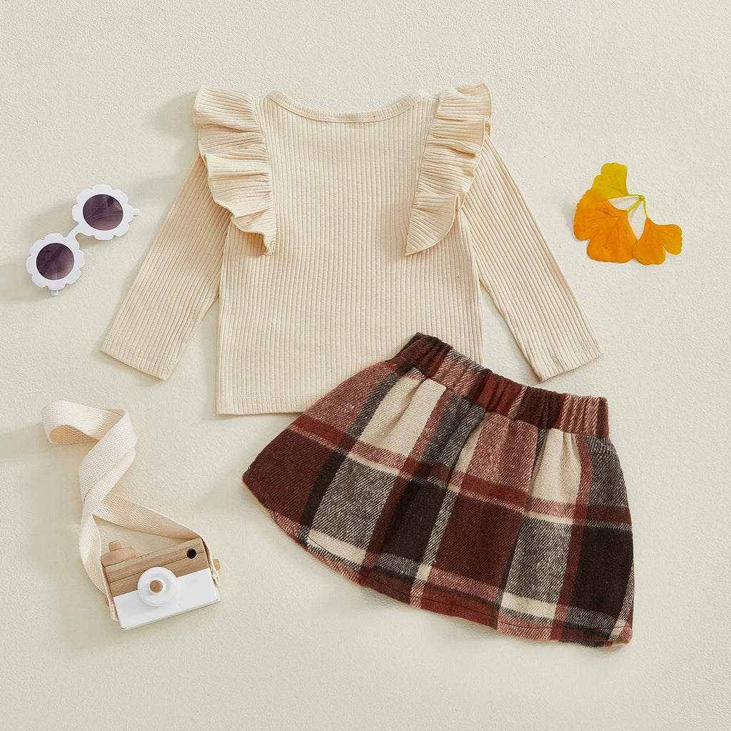 Lioraitiin Toddler Girls Autumn 2PCS Skirt Outfits Flying Sleeve Solid Color Tops A-line Plaid Skirt Set
