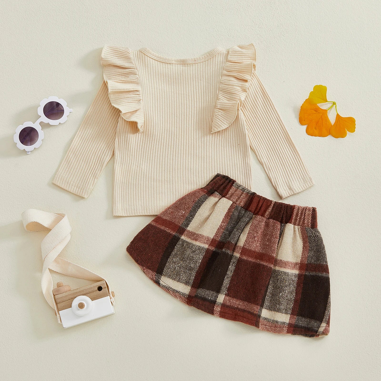 Lioraitiin Toddler Girls Autumn 2PCS Skirt Outfits Flying Sleeve Solid Color Tops A-line Plaid Skirt Set