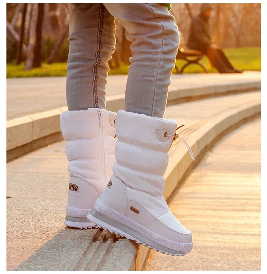 White Women Boots Winter Shoes Warm Plush Mid-calf Boots Waterproof Rubber Non-slip Platform Snow Boots Female Plus Size 42