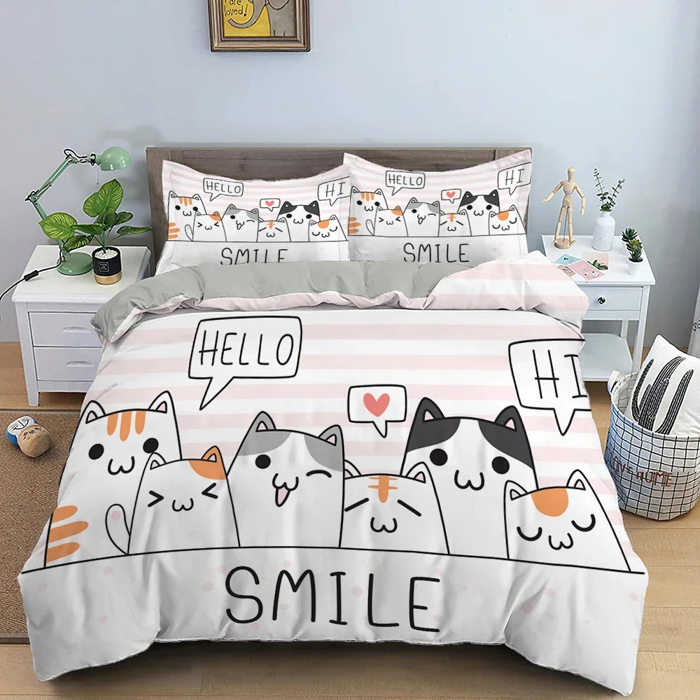 Cute Pink Pet Cats Cartoon Kitten Print Duvet Cover Pillowcase Polyester Quilt Cover for Children Women Bedroom Decoration King