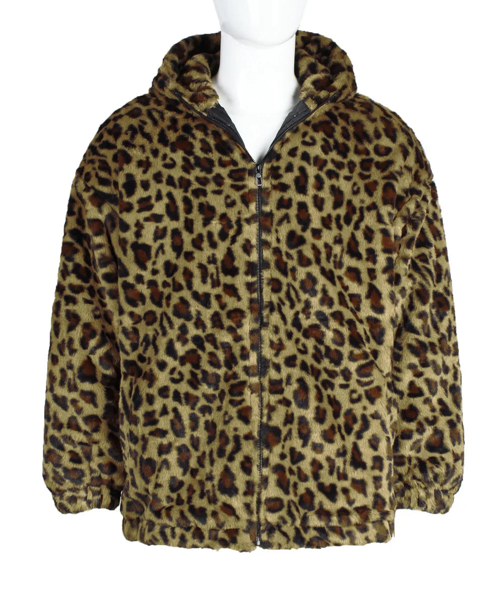 Autumn and Winter Warm Plush Leopard Print Jacket Imitation Fur Zipper Hooded Jacket for Men