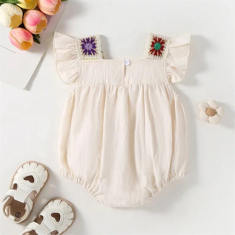 2025-02-07 Lioraitiin Newborn Baby Girl Summer Romper Fly Sleeve Square Neck Crochet Flower Bodysuit Playsuit