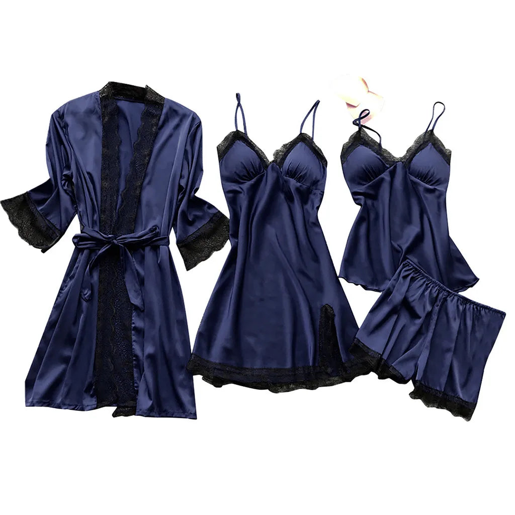 Large Size 4 Piece Women Pajama Sets Sexy Lace Embroidery Robe With Nightdress Outfits Loungewear Satin Silky Pyjama Sets