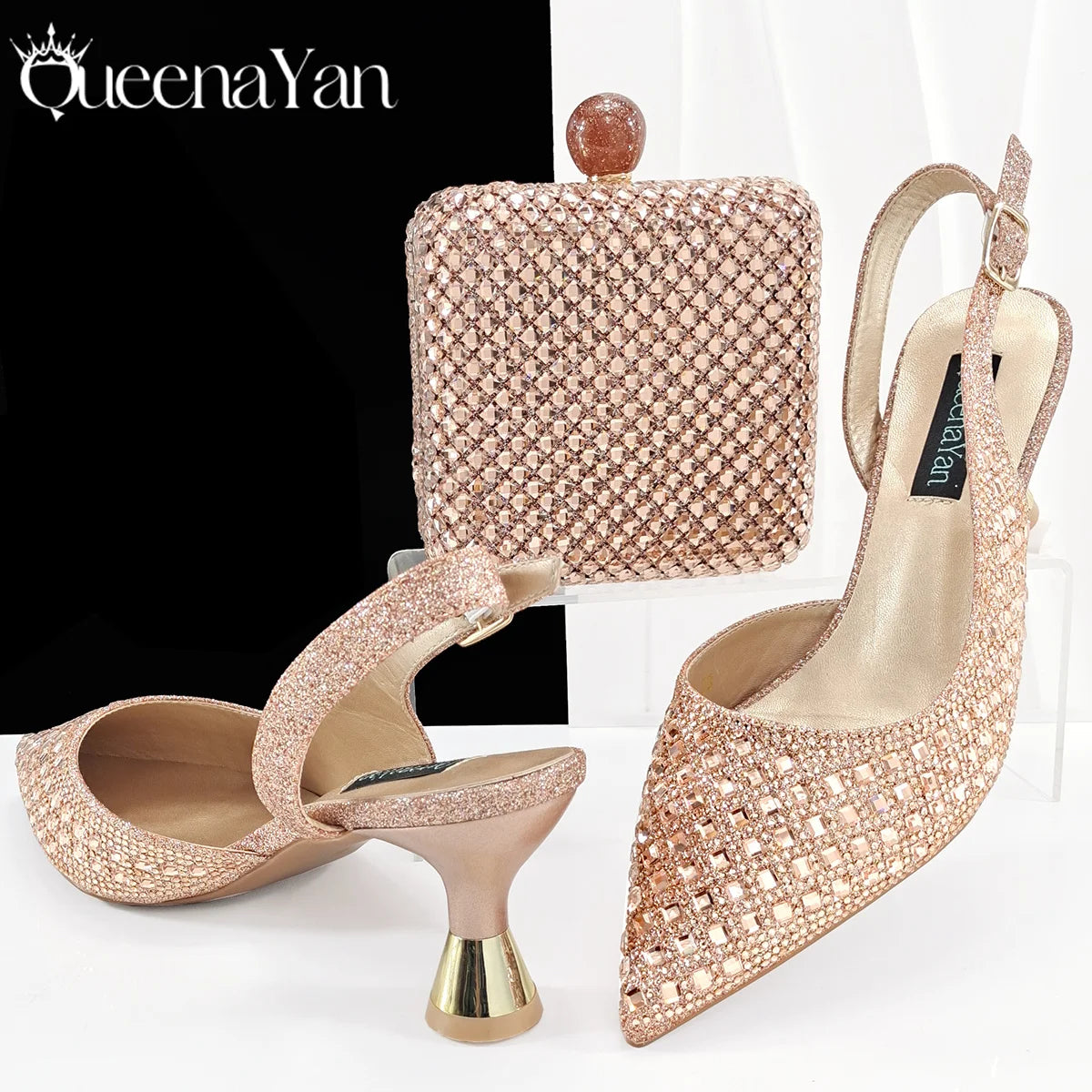 Queena Yan 2025 Italian Design Rhinestone Luxury Navy Blue Pointed Toe Shoe & Bag Set Women High Heels for Parties High Quality