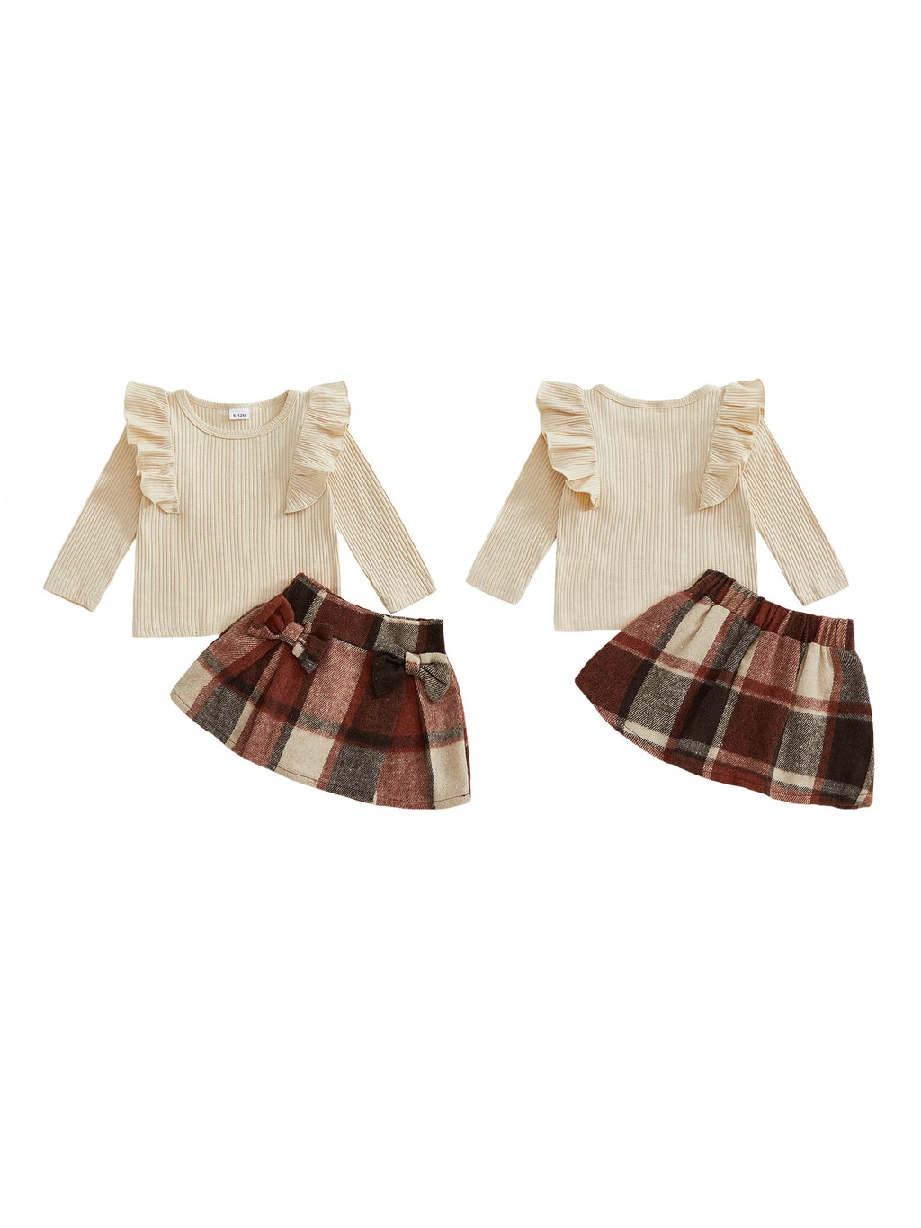 Lioraitiin Toddler Girls Autumn 2PCS Skirt Outfits Flying Sleeve Solid Color Tops A-line Plaid Skirt Set