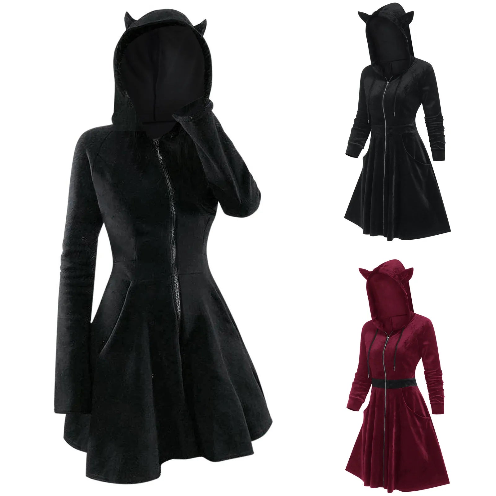 Y2k Gothic Zip Up Hooded Dress For Women Vintage Punk Long Sleeve Cat Ear Robe Harajuku Retro A Line Party Dresses Vestidos
