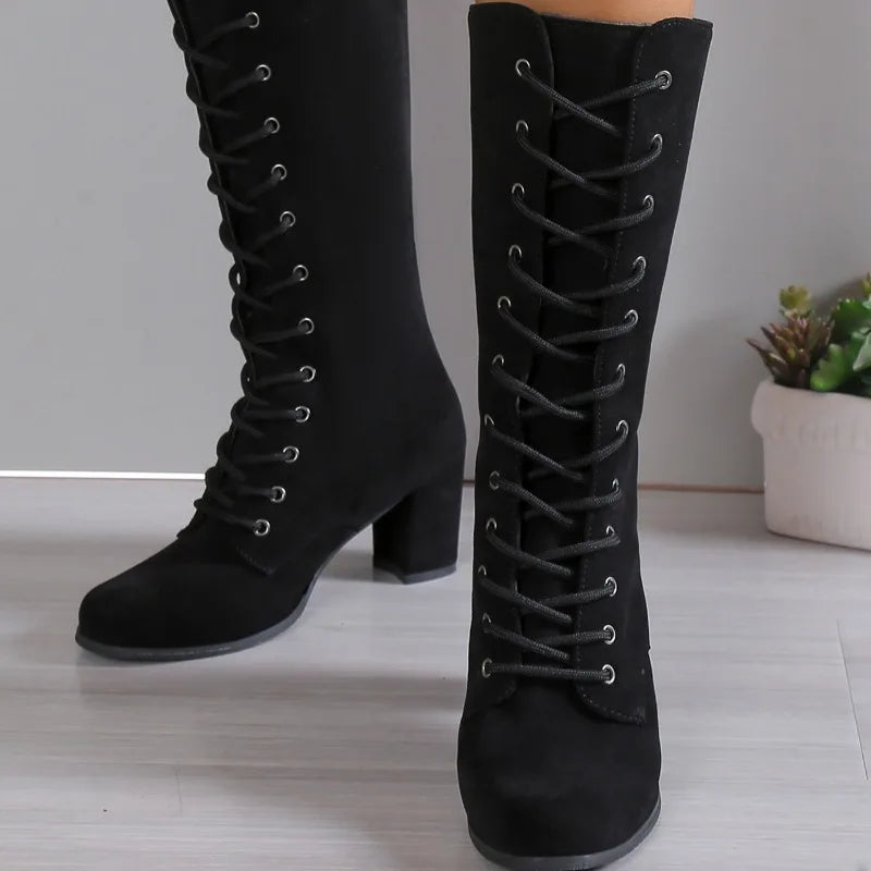 Winter New Coarse Heel Shoes Women's Round Head Front Cross Lacing Anti-slip Wear-resistant High Boots