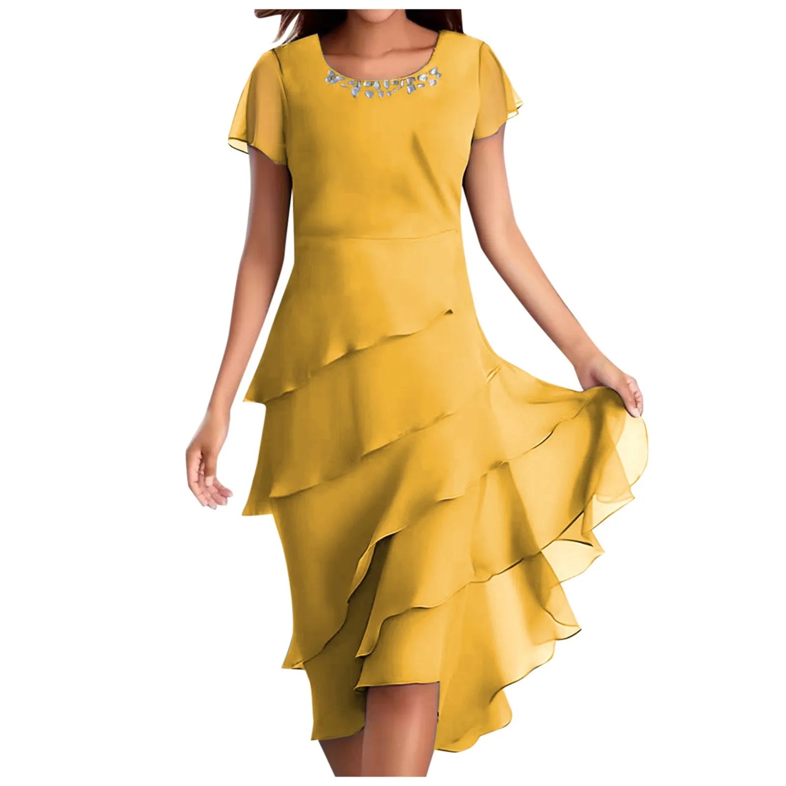 sexy chiffon puff short sleeve u neck midi dress elegant tierred layered slim fit summer dress stylish cocktail party dress