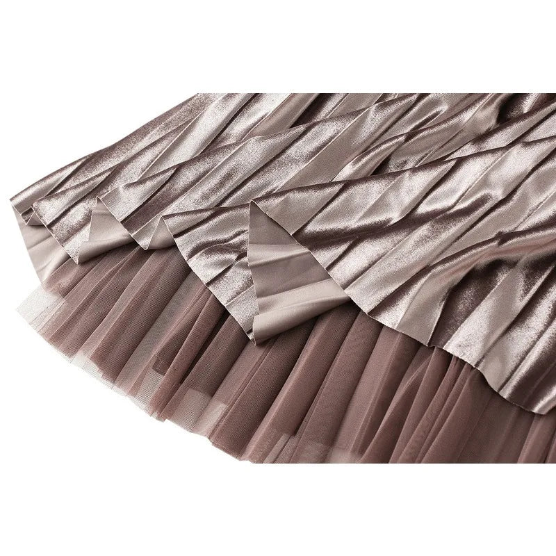 Luxury Velvet Pleated Skirts For Women 2024 Summer Fashion Women's High Waist Mesh Midi Skirt Female Elegant  Solid A-Line Skirt