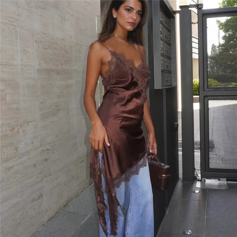 Women Satin Lace Trim Spaghetti Cami Tops Y2k Strap Side Split Asymmetrical Cami Top Dress Loose Silky V Neck Flowy Party Dress