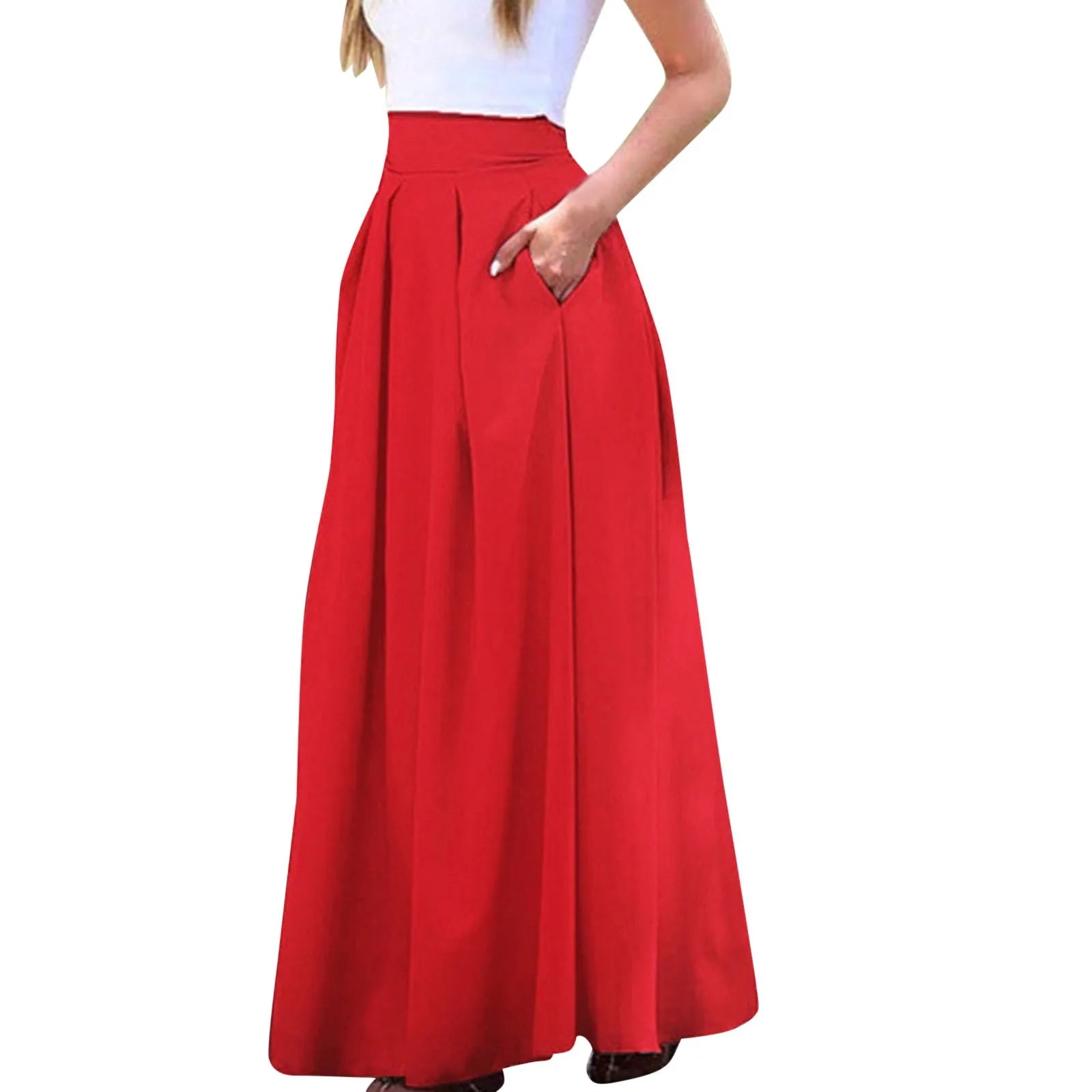 Vintage Low Rise Straight Skirts Women's Large Swing Solid Color High Waist Pleated Half Skirt With Pocket Summer Vacation Wear