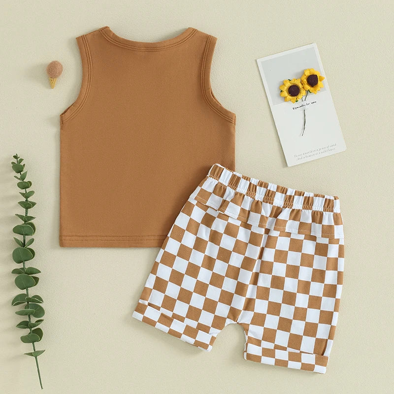 2023-12-09 lioraitiin Summer Baby Boy Clothes Solid Sleeveless Tank Top Checkered Shorts 2Pcs Outfit Set