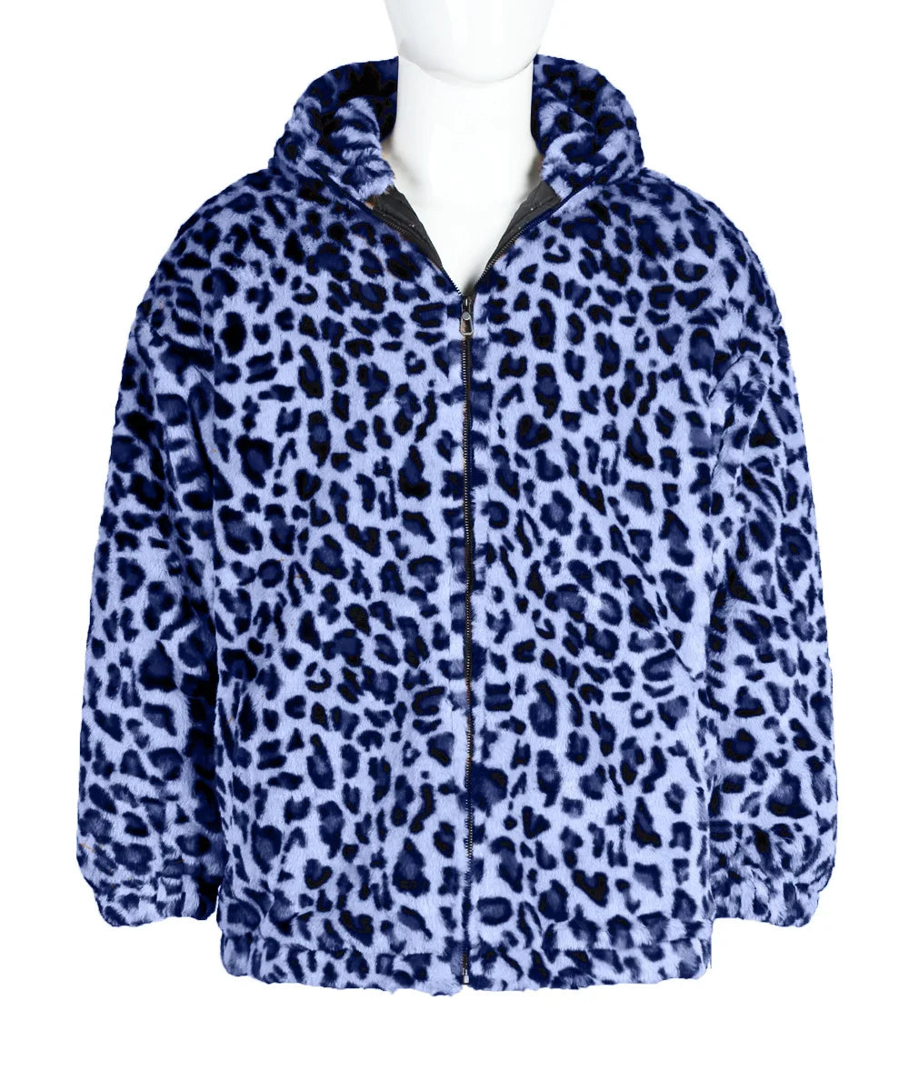 Autumn and Winter Warm Plush Leopard Print Jacket Imitation Fur Zipper Hooded Jacket for Men