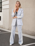 2025 New Elegant Women's Knitted Coat and Pants Set - Long Sleeve, Collar, with Side Stripe Details, Spring and Autumn Season