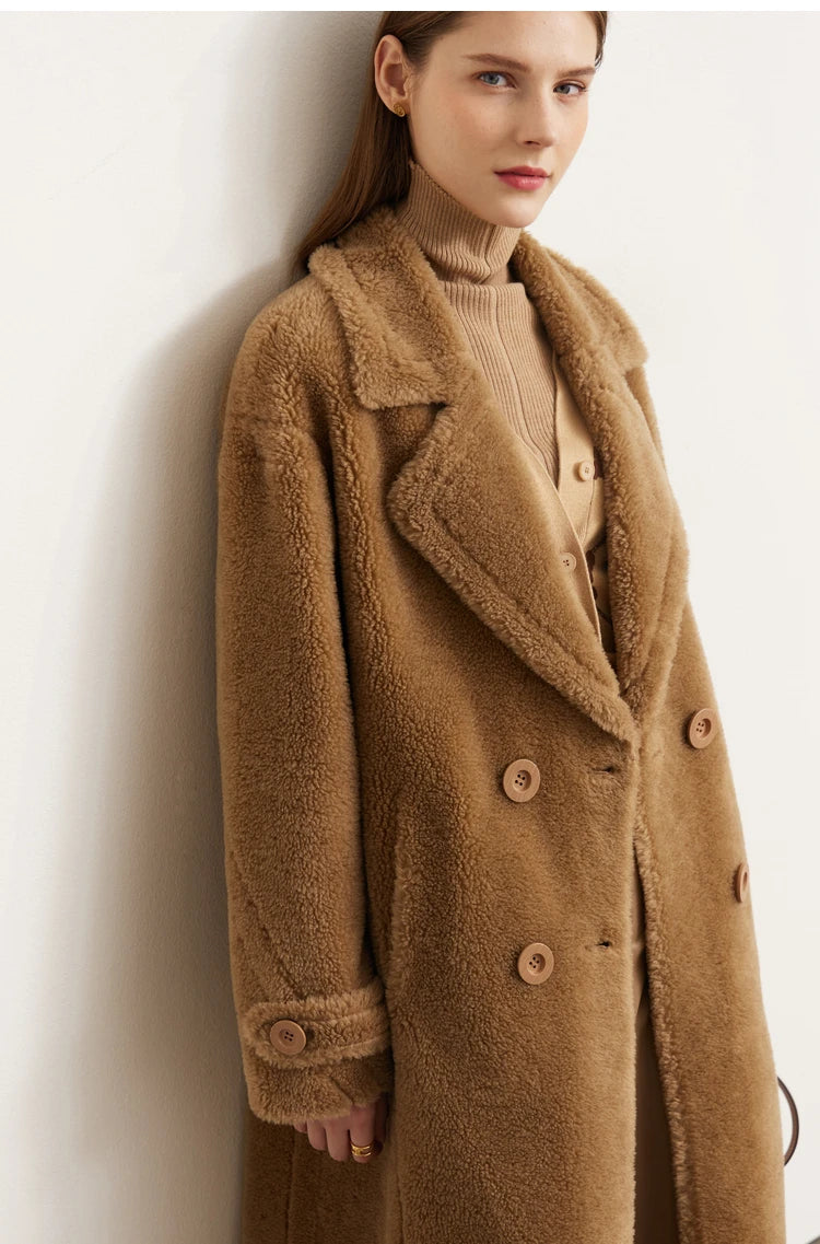 Amii Fur Coat 2025 Winter New Warm Office Lady Turn-Down Collar Full Wool Outerwears Straight Double-breasted Coat 12554013