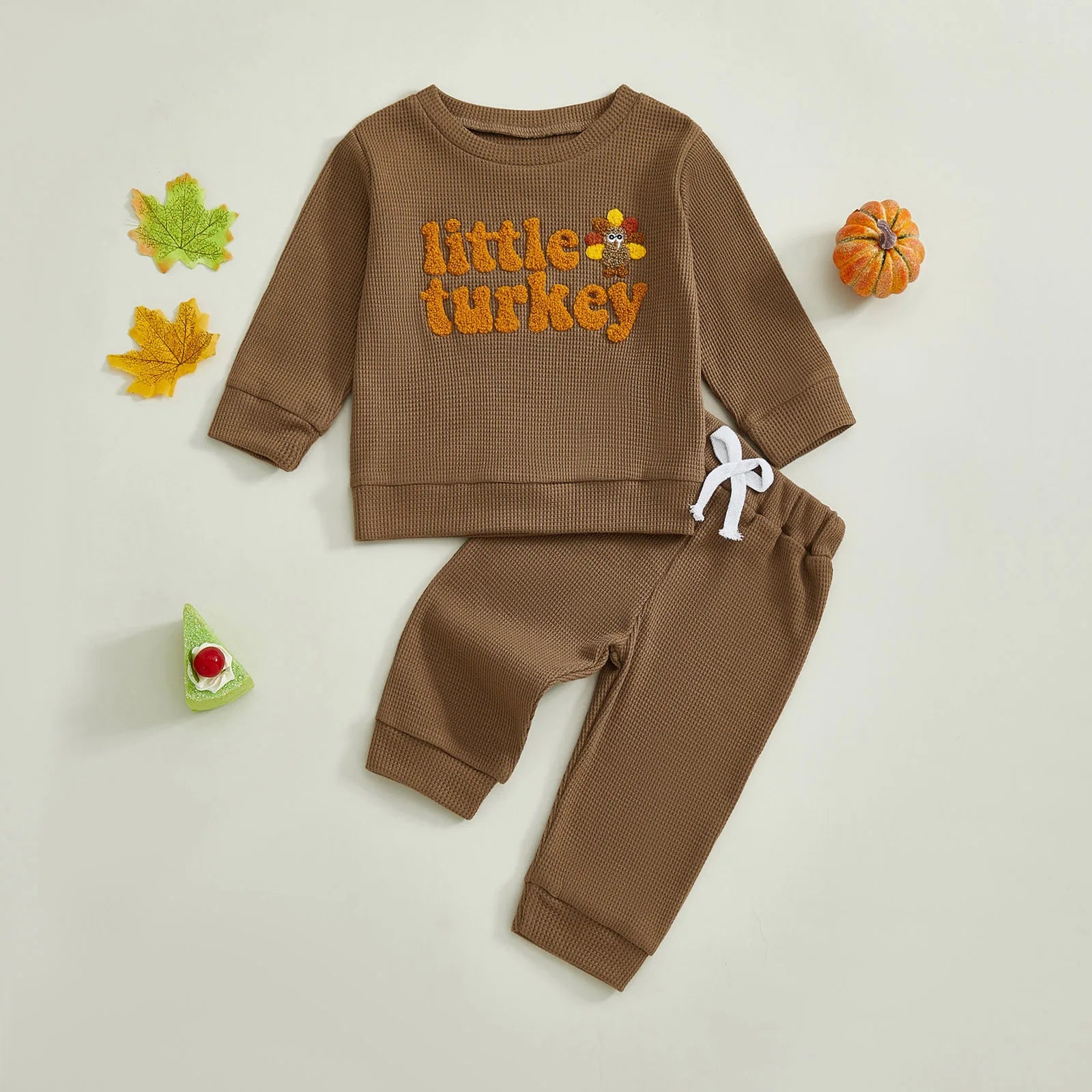 Toddler Baby Boys Thanksgiving Outfit Turkey Letter Embroidery Long Sleeve Pullover Elastic Waist Solid Pants 2Pcs Waffled Set