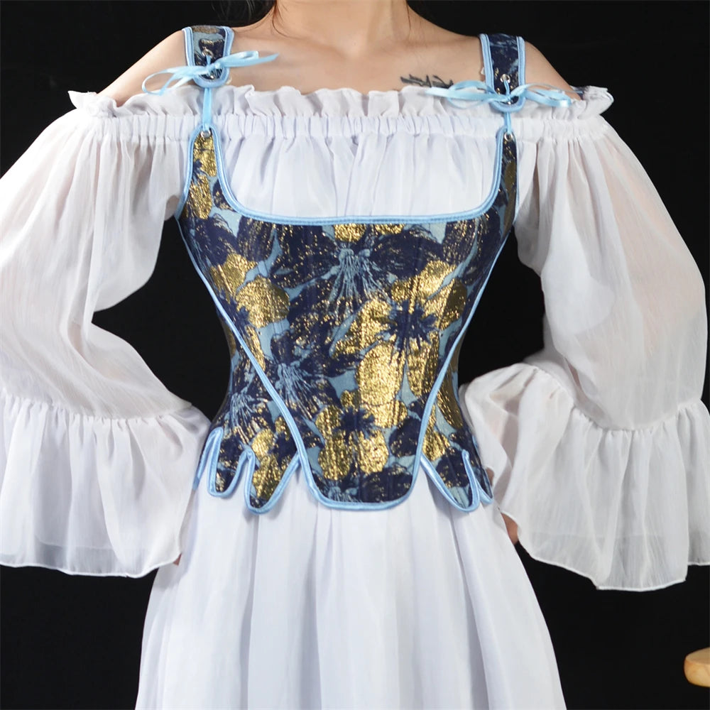 Fashion White Embossed Vintgae Petal Bodices Women Overbust Slimm Corsets Lace Up Boned Shaping Tops Korset