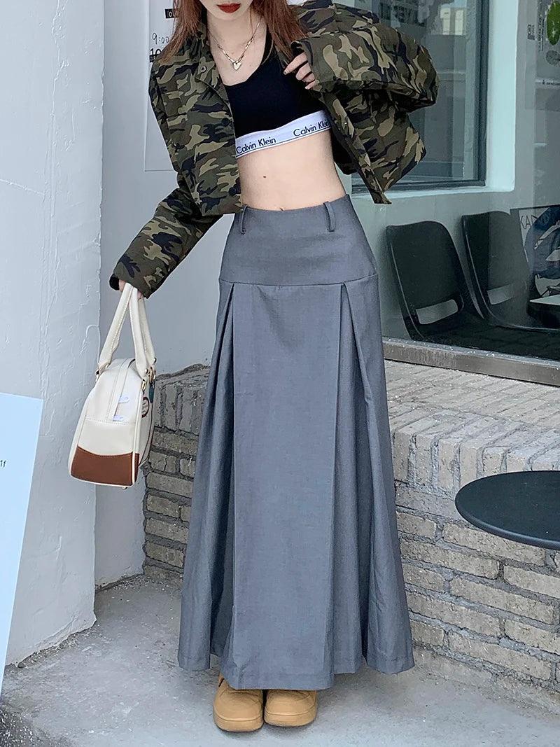 Qiukichonson Grey Midi Long Skirts Womens Trousers Skirt 2022 Autumn Winter Goth Lolita High Waist Asymmetrical Pleated Skirts