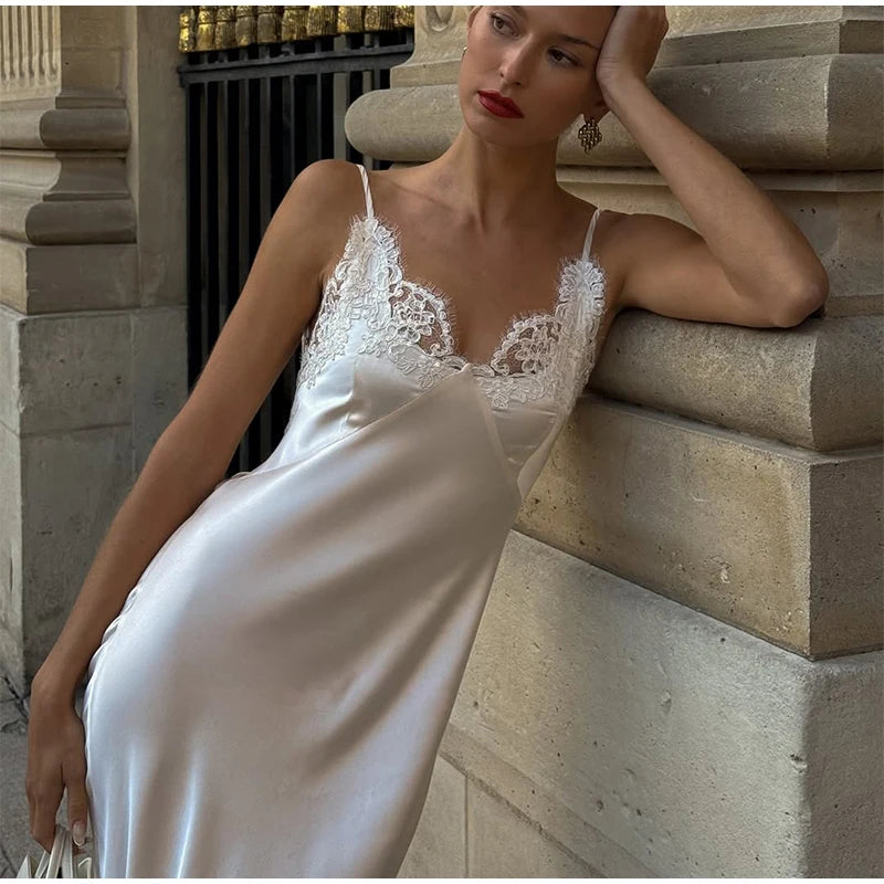 Lace Patchwork Sling Maxi Dress Women Sexy Solid V-neck Sleeveless Backless Satin Slim Dresses 2026 Lady Chic Party Evening Gown