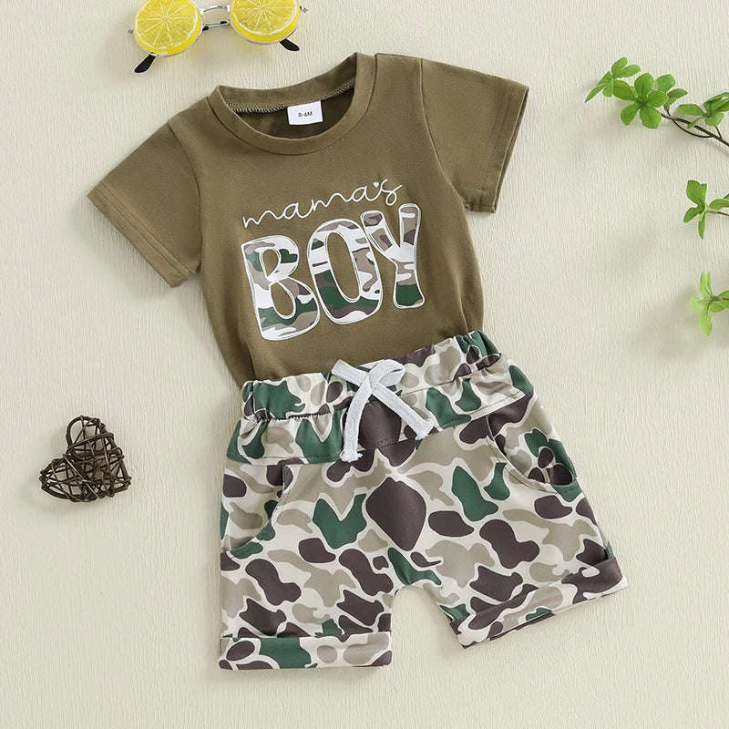 2025-01-13 Lioraitiin Toddler Boys Summer Shorts Sets Short Sleeve O Neck Letter Print Tops and Camouflage Shorts Sets