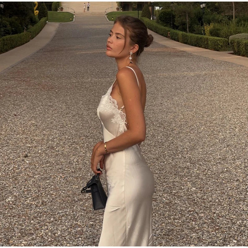 Lace Patchwork Sling Maxi Dress Women Sexy Solid V-neck Sleeveless Backless Satin Slim Dresses 2026 Lady Chic Party Evening Gown