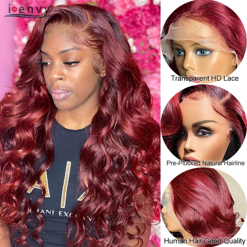 13X4 HD Transparent Lace Front Wigs Burgundy Red Human Hair Wigs PrePlucked 13X6 32Inch Body Wave Lace Front Wig For Women Curly