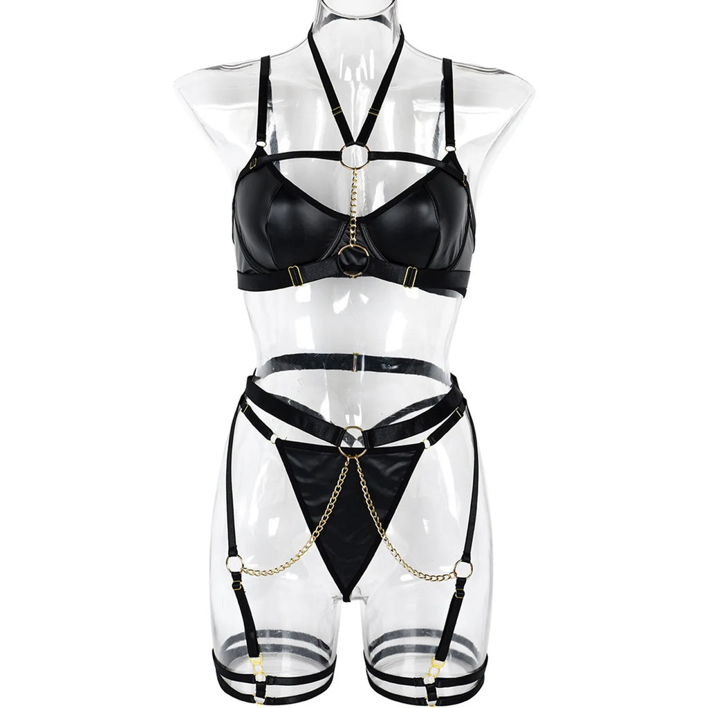 Sexy Lingerie Set For Women Chain Waist Bunny Girl Pu Leather Half Cup Bra Panty Garters Set For Women Sexy Toy Erotic Lingerie