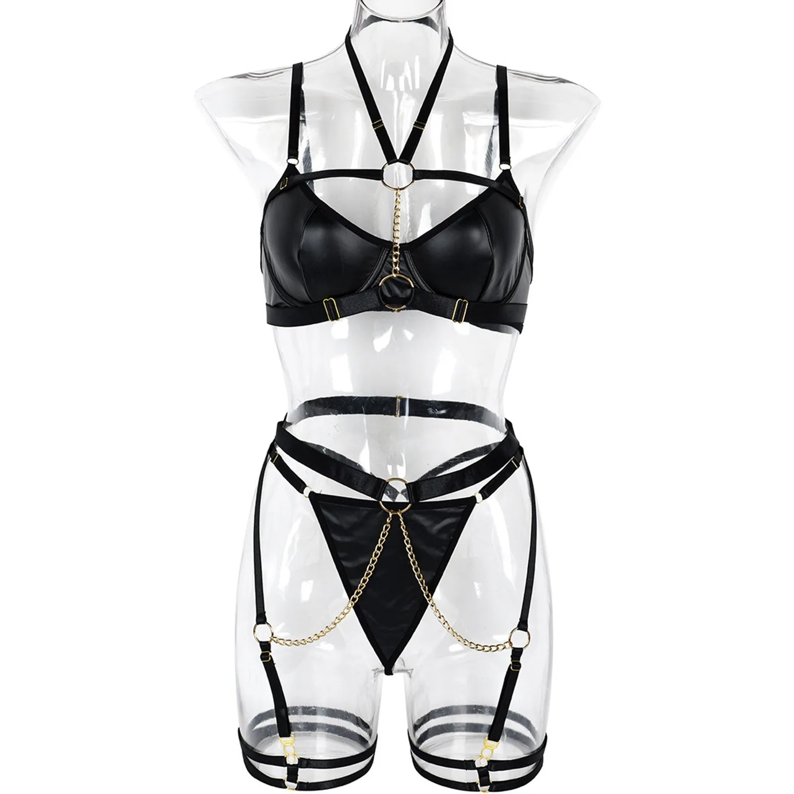 Sexy Lingerie Set For Women Chain Waist Bunny Girl Pu Leather Half Cup Bra Panty Garters Set For Women Sexy Toy Erotic Lingerie