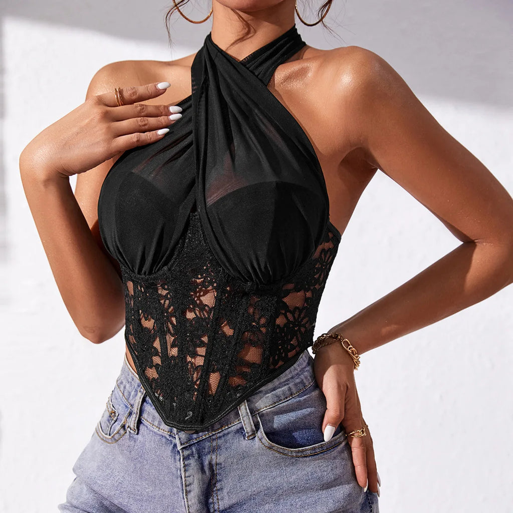 Elegant Lace Mesh Cross Halter Tank Top with Diamond Fishbone Small Vest for Women Tube Top with Lace Mesh Cross Halter Crop Top