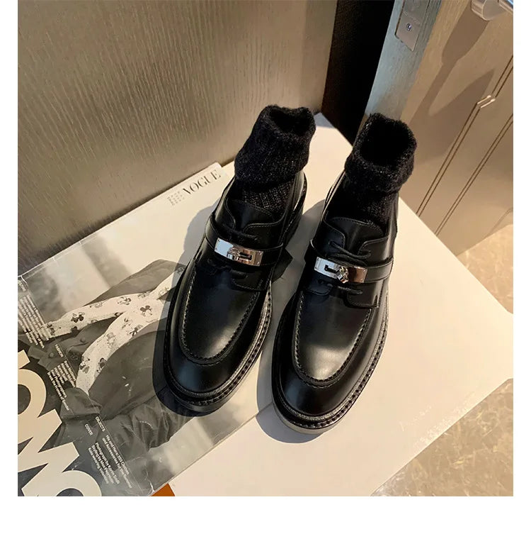 Office Career Women Pumps PU Spring New British Retro Metal Buckle Thick Bottom JK Flat Bottom Small Leather ShoesWoman Shoe