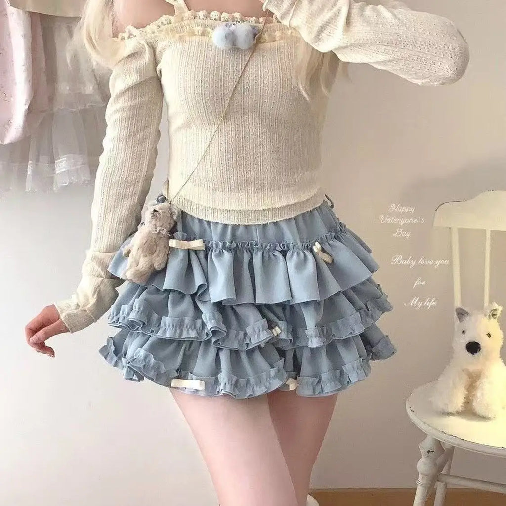 2026 Summer New Versatile Women's Clothing Blue Bow Lace Cake Tutu Mini Skirt Kawaii Pink Sweet Cute Thin A-line Skirts Ladies