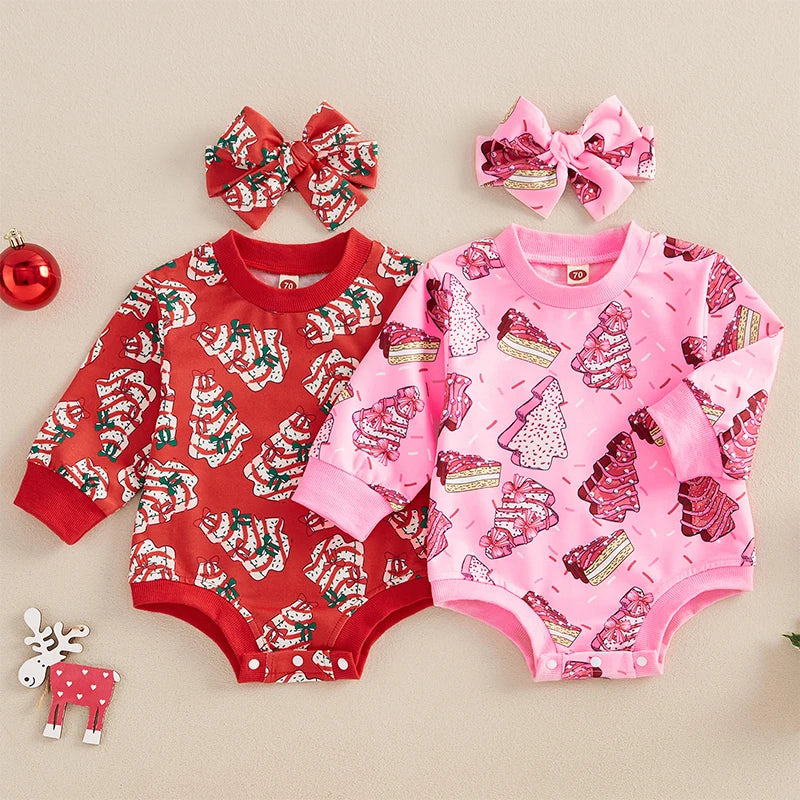Toddler Baby Girls Sweatshirt Romper Christmas Tree Print Long Sleeve Jumpsuits and Cute Headband Set Infant