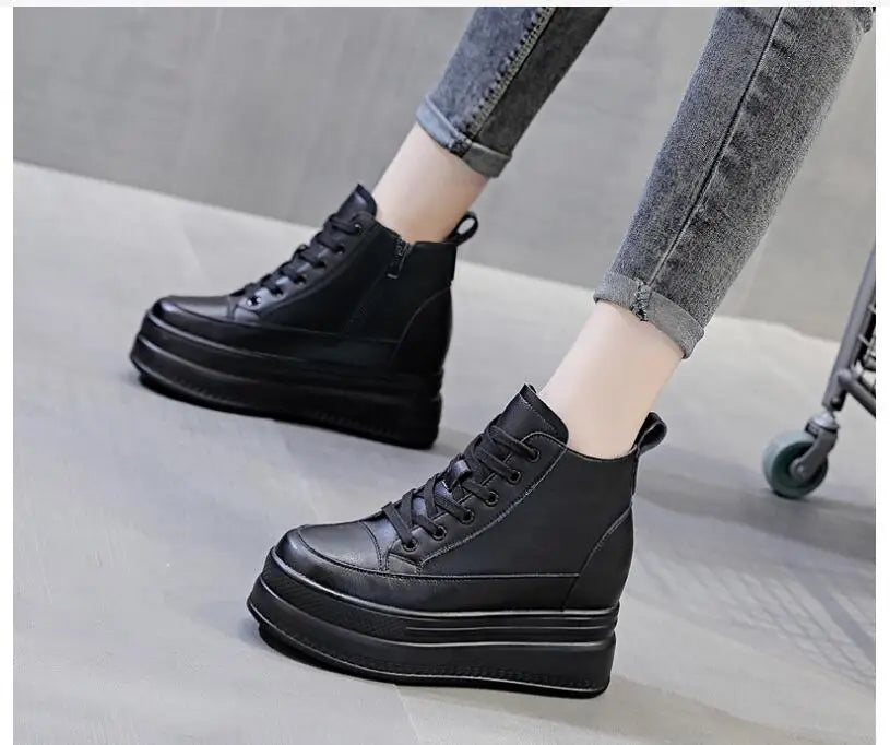 Women High Top Sneakers Platform Breathable Genuine Leather Shoes Spring Lady Wedges Casual Shoes For Woman Sports Dad Shoes 9CM