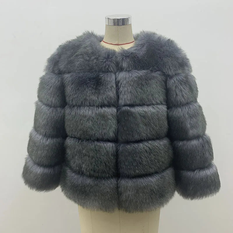 Women Faux Fox Fur Coats Zipper Short Coat Jackets Elegant Thick Warm Solid Jacket Lady Furry Outerwear Elegant Splice Winter