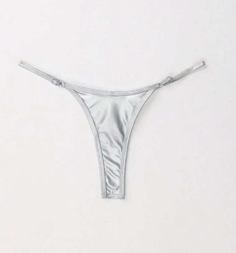 Women Adjustable Strap Thong Lady Briefs Panties G-string Glossy Triangle Shape Solid Color Elastic Mid Waist Ladies Underpants