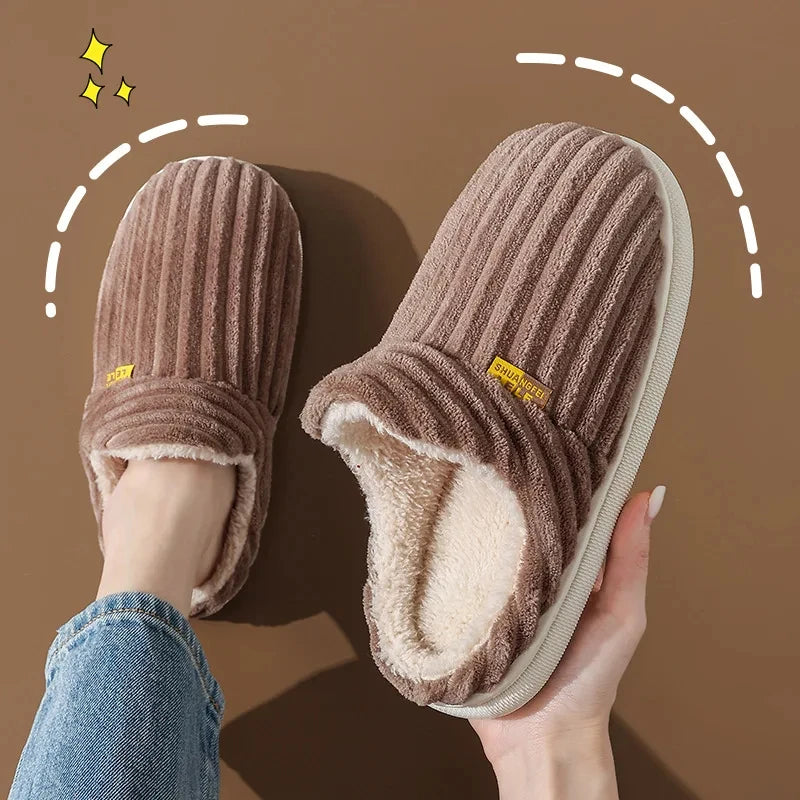 Comwarm Warm Fur House Slippers For Women Men 2023 Winter New Ankles Cozy Plush Slippers Home Indoor Soft Thick Sole Cotton Shoe