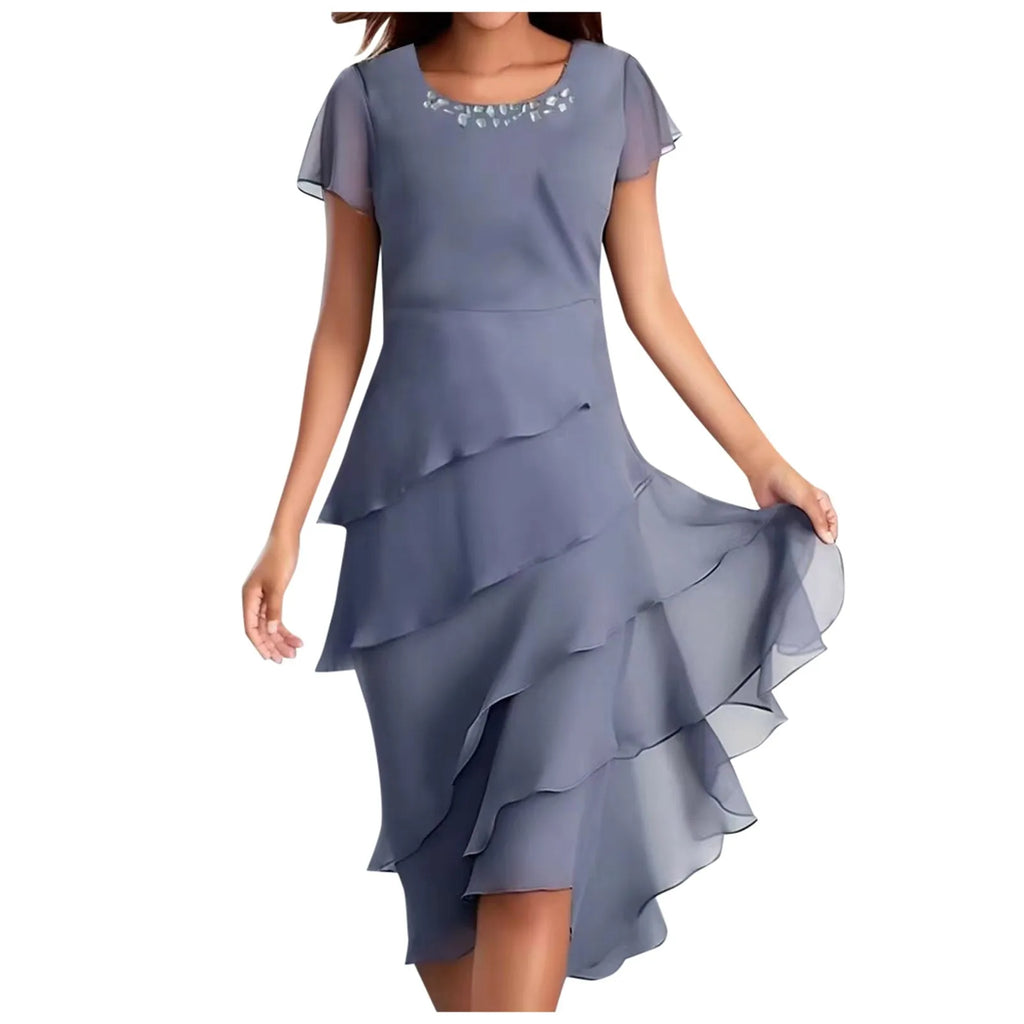 sexy chiffon puff short sleeve u neck midi dress elegant tierred layered slim fit summer dress stylish cocktail party dress