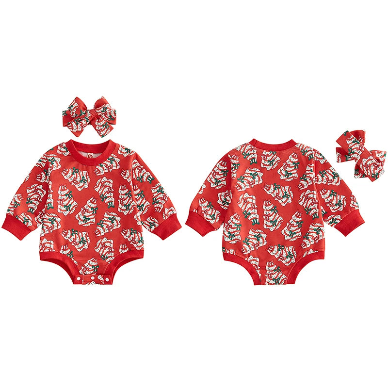 Toddler Baby Girls Sweatshirt Romper Christmas Tree Print Long Sleeve Jumpsuits and Cute Headband Set Infant
