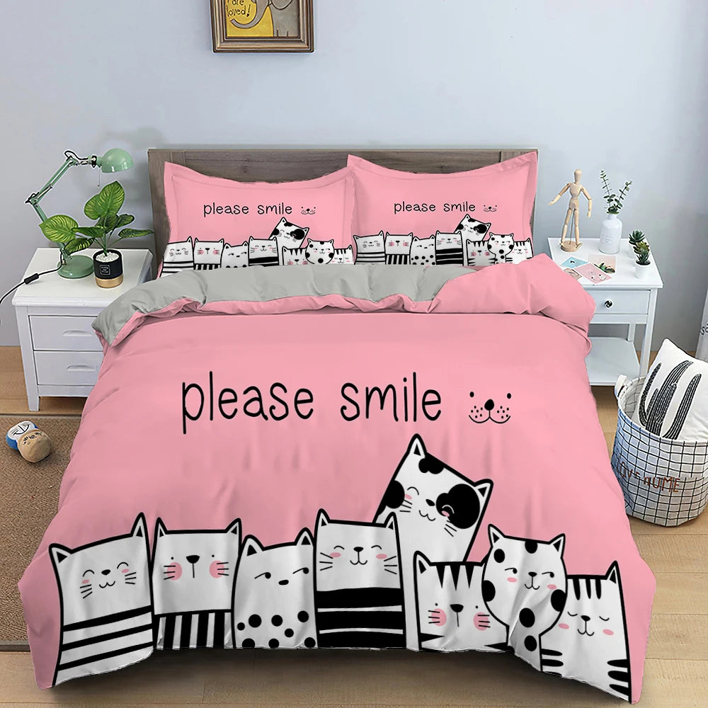 Cute Pink Pet Cats Cartoon Kitten Print Duvet Cover Pillowcase Polyester Quilt Cover for Children Women Bedroom Decoration King