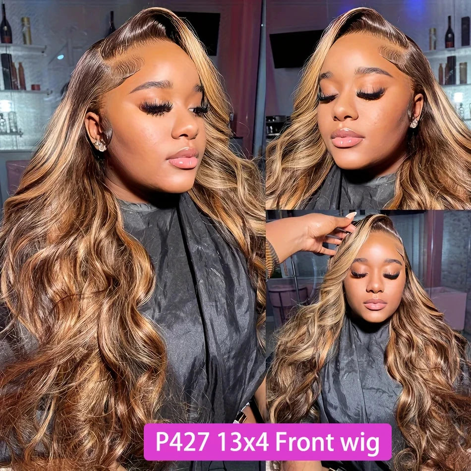 Highlight Ombre Body Wave 220 250 Density 13x4 Lace Front Wig Human Hair 13x6 Honey Blonde P4/27 Colored HD Lace Frontal Wigs