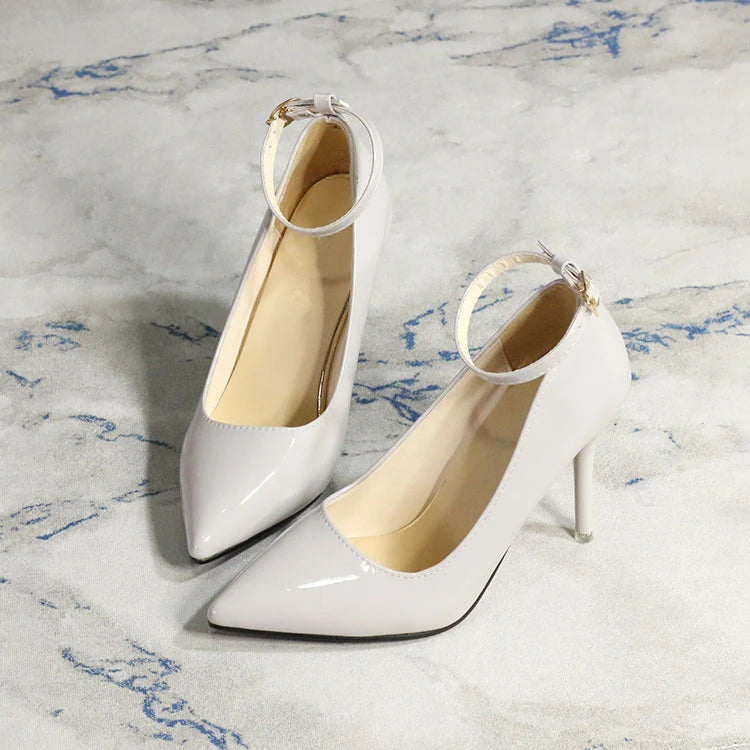One Word Buckle High Heels 2025 Spring New Patent Leather Stiletto Heel Work Pumps Large Pointed Shallow Mouth Women's Shoes
