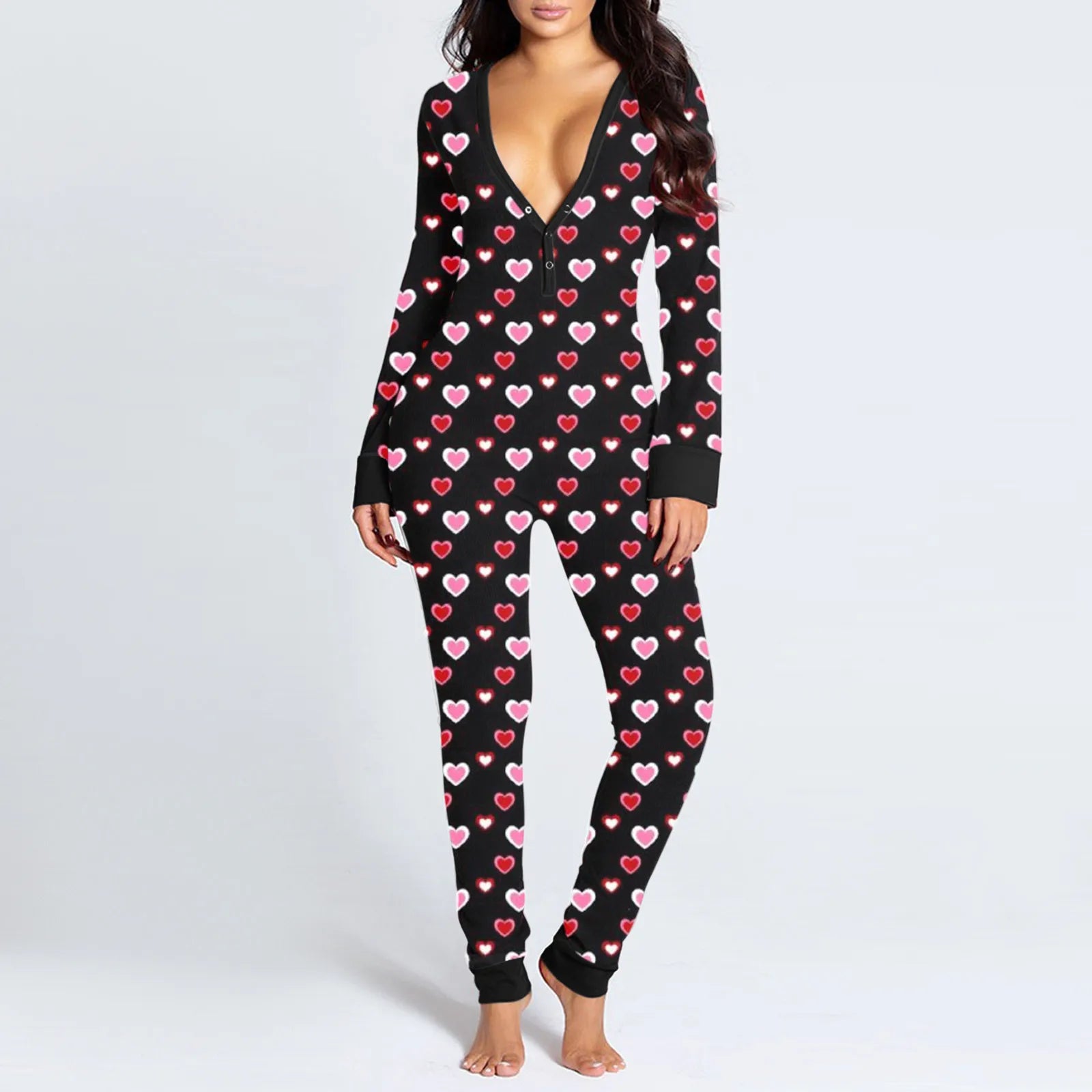 Sexy Women Pajamas Onesies Button-down Buttoned Flap Adults Pyjama Autumn Long Sleeve V-neck Jumpsuit Female Bodysuit Sleepwear