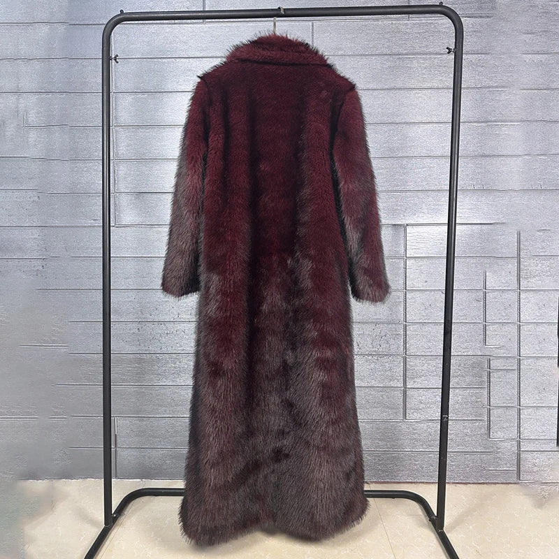 DEAT 2025 winter new fashion high quality Fox Faux Fur long Coat for Women Suit Collar solid color thick warm jacket 11A06914