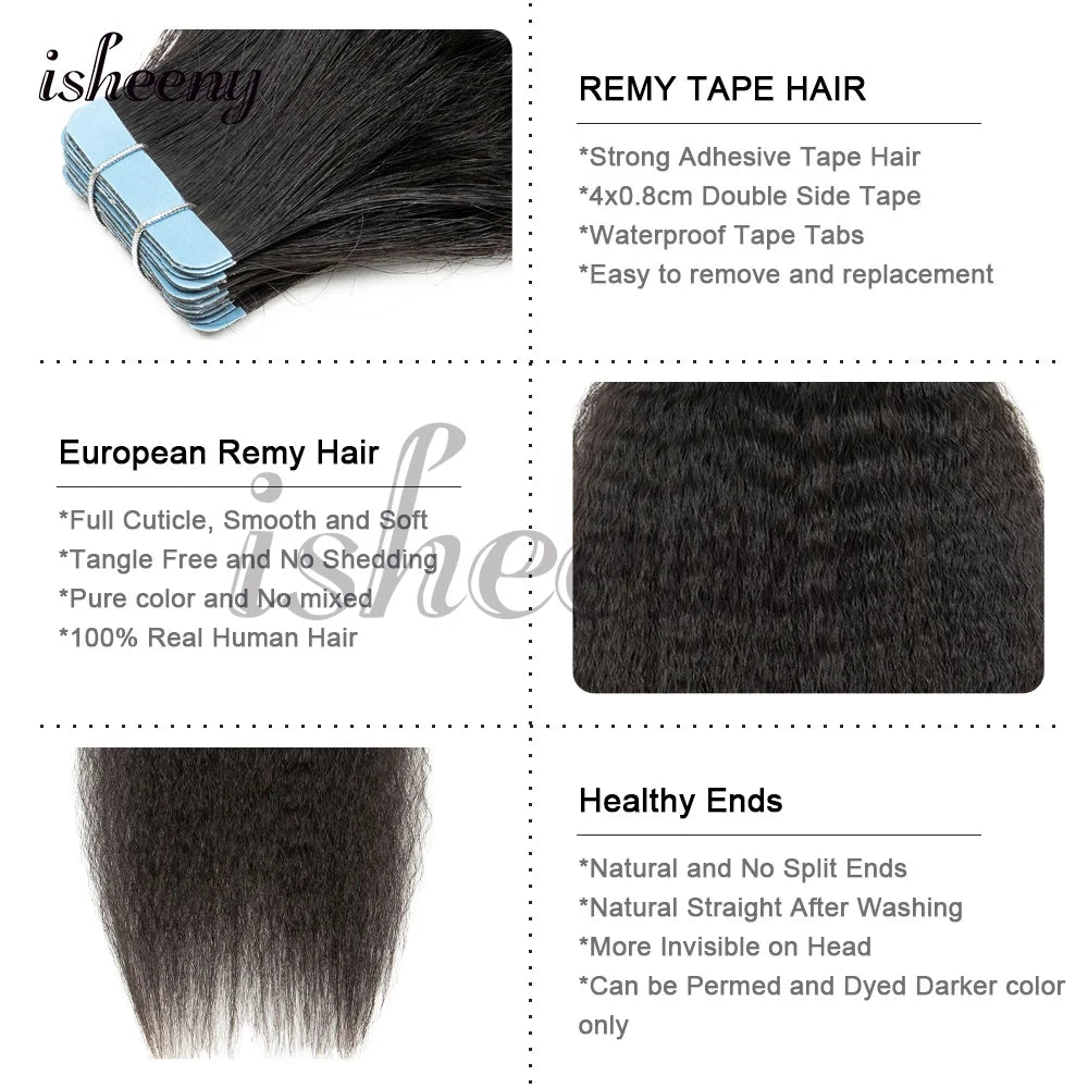 Kinky Straight Invisible Tape In Human Hair Extensions 12"-20" Natural Black Real Remy Tape Ins Hair Easy To Wea For Woman