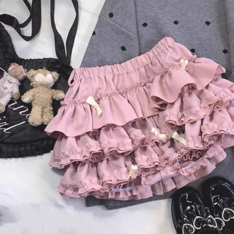 2026 Summer New Versatile Women's Clothing Blue Bow Lace Cake Tutu Mini Skirt Kawaii Pink Sweet Cute Thin A-line Skirts Ladies
